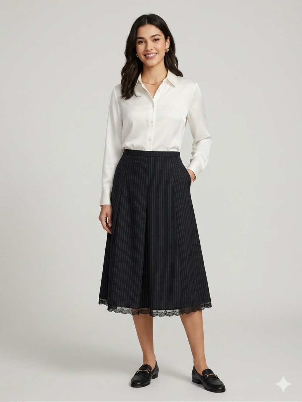 Vertical Club Casual Business Pinstripe Dark Navy A-Line Skirt Accented w Lace